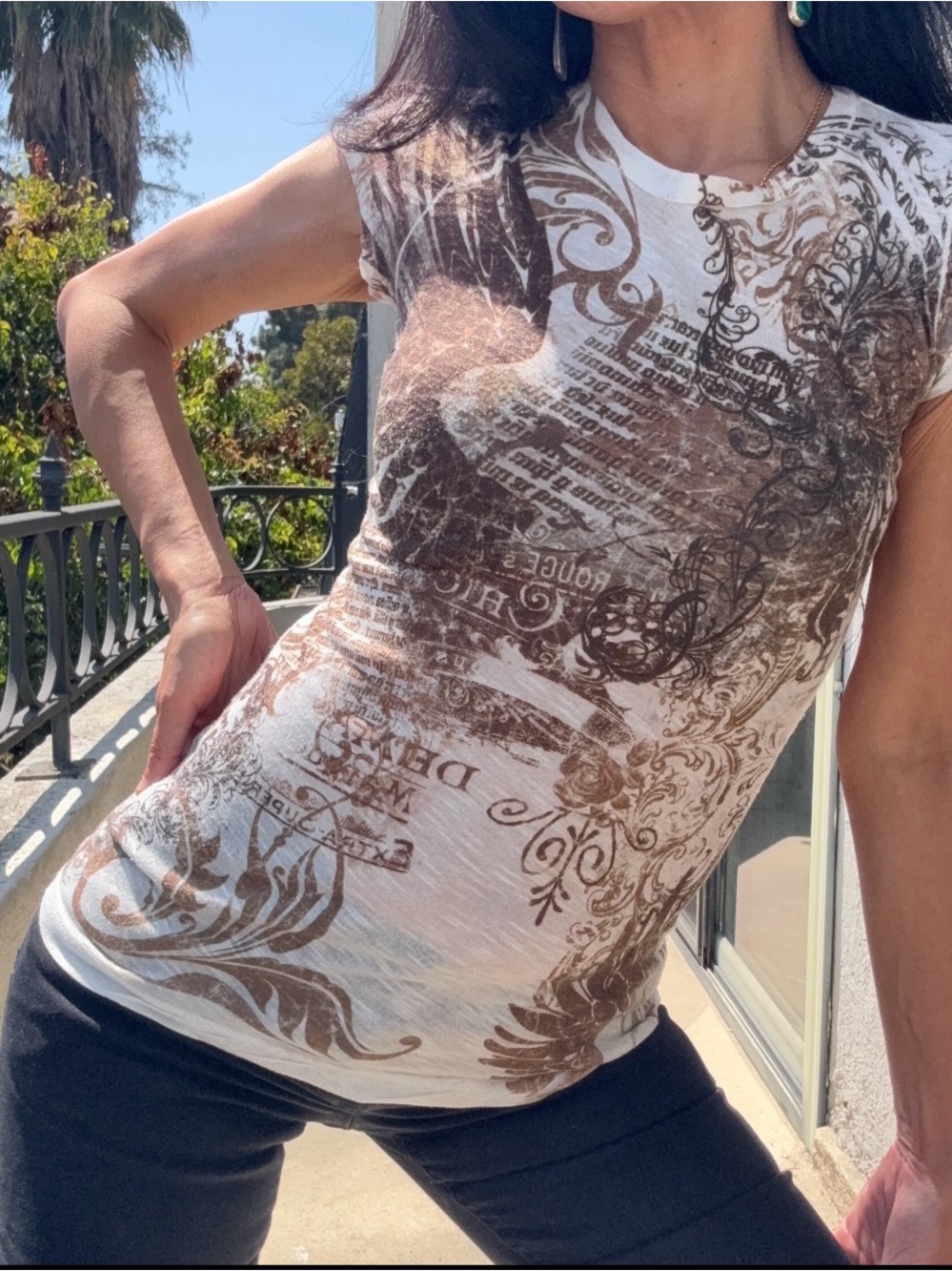 Brown and White Graphic Cap Sleeve Women’s Top